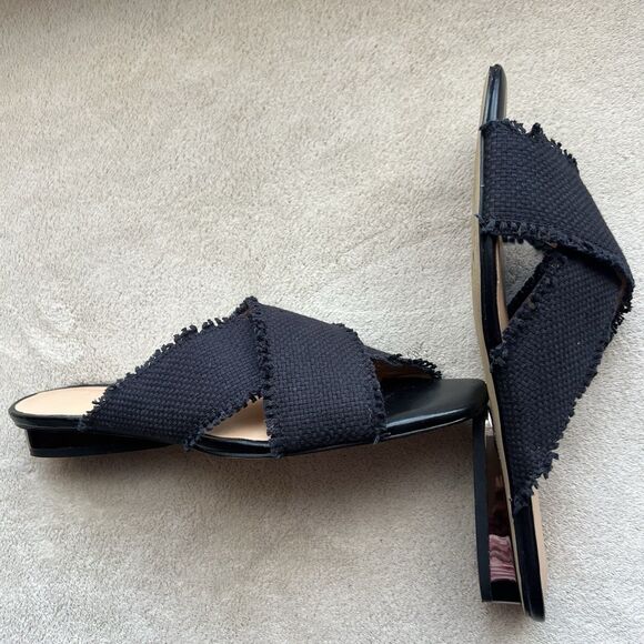 Halston Heritage Estella Black Canvas Sandal Women’s US 6 M Frayed Edge Low Heel - Picture 1 of 16